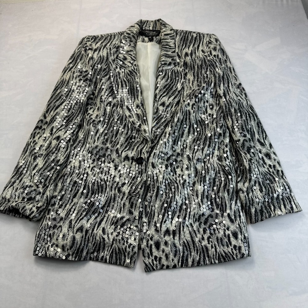 Vtg Marshall Rousso Blazer Jacket Womens Small Black White Zebra Print Sequin